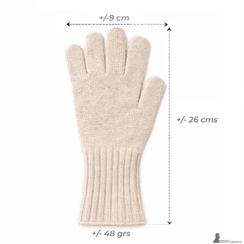 Wollhandschuhe für Frauen aus 100% gestrickter Wolle, flach dargestellt mit Angaben zu Breite und Höhe zur Visualisierung der Abmessungen des Handschuhs – Cagoules Raum