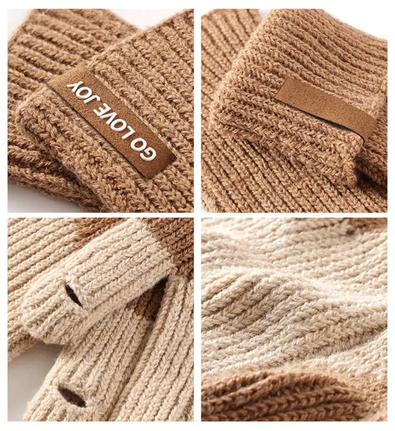 Zoom on women's gloves in beige and brown wool with an embroidered 'Go Love Joy' label. Elegant knitted texture, providing warmth and comfort for the winter.