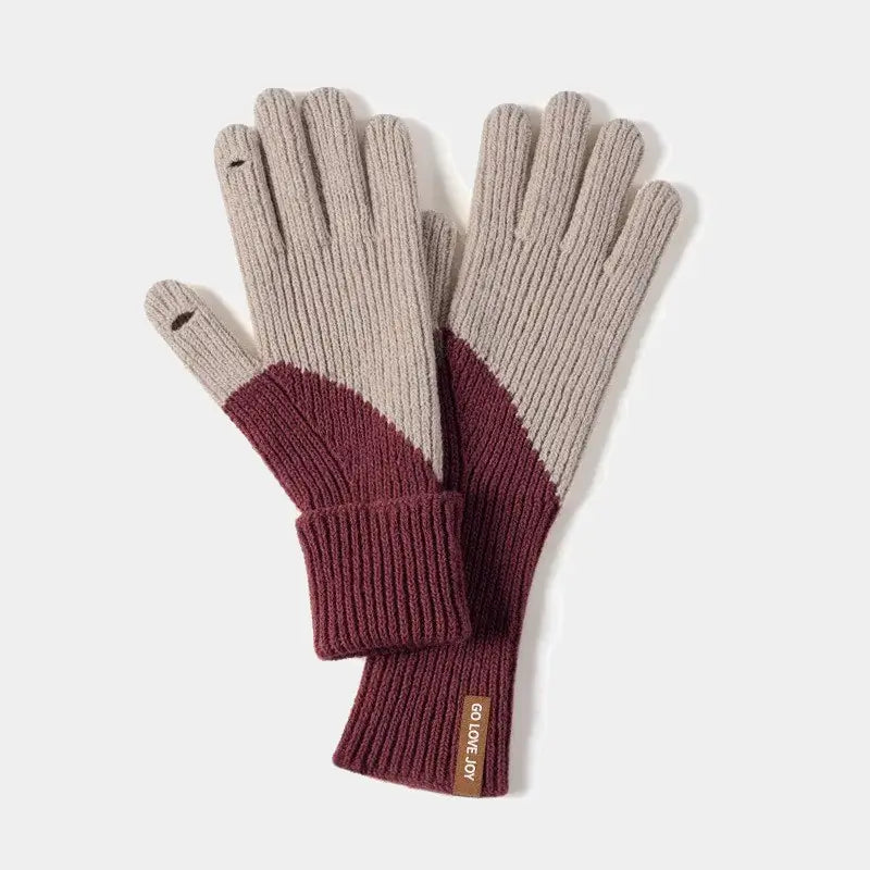 Women's gloves in two-tone burgundy and beige wool