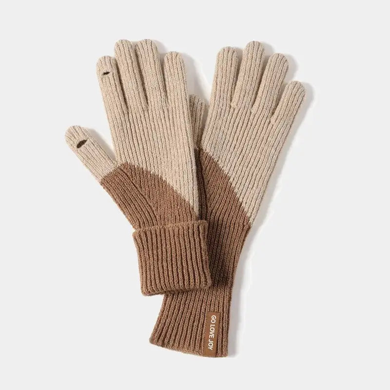 Women's gloves in two-tone khaki and beige wool
