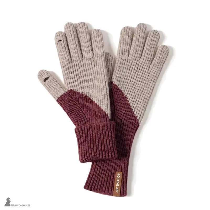 Lange Damenhandschuhe aus synthetischer Faser, feines Strick in Taupe und Bordeaux, lange Form, Vorderansicht auf weißem Hintergrund, die verlängerte Handgelenk betont – Cagoules Raum