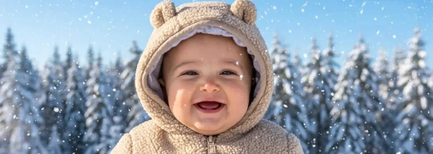 bébé souriant portant une combinaison beige a capuche avec petites oreilles dans un paysage enneigé, lumiere naturelle douce, scène hivernale chaleureuse – Espace Cagoules