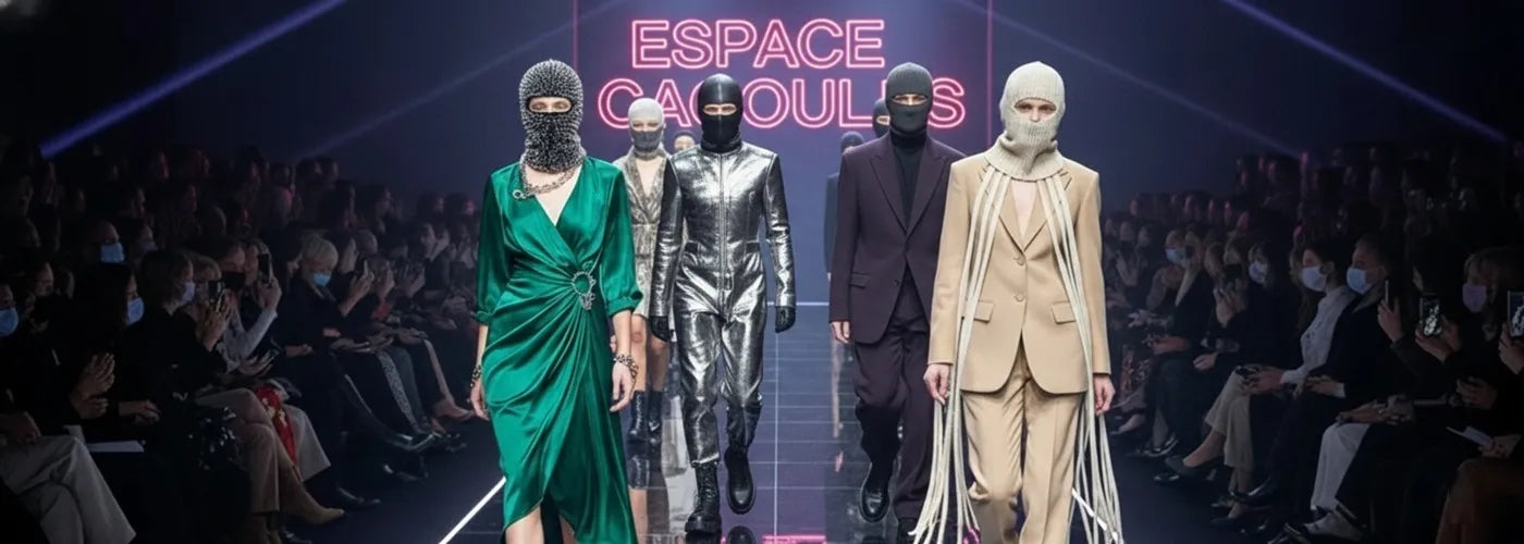 Mannequins défilant sur un podium avec cagoules design, silhouettes élégantes et éclairage néon “Espace Cagoules”, ambiance haute couture – Espace Cagoules