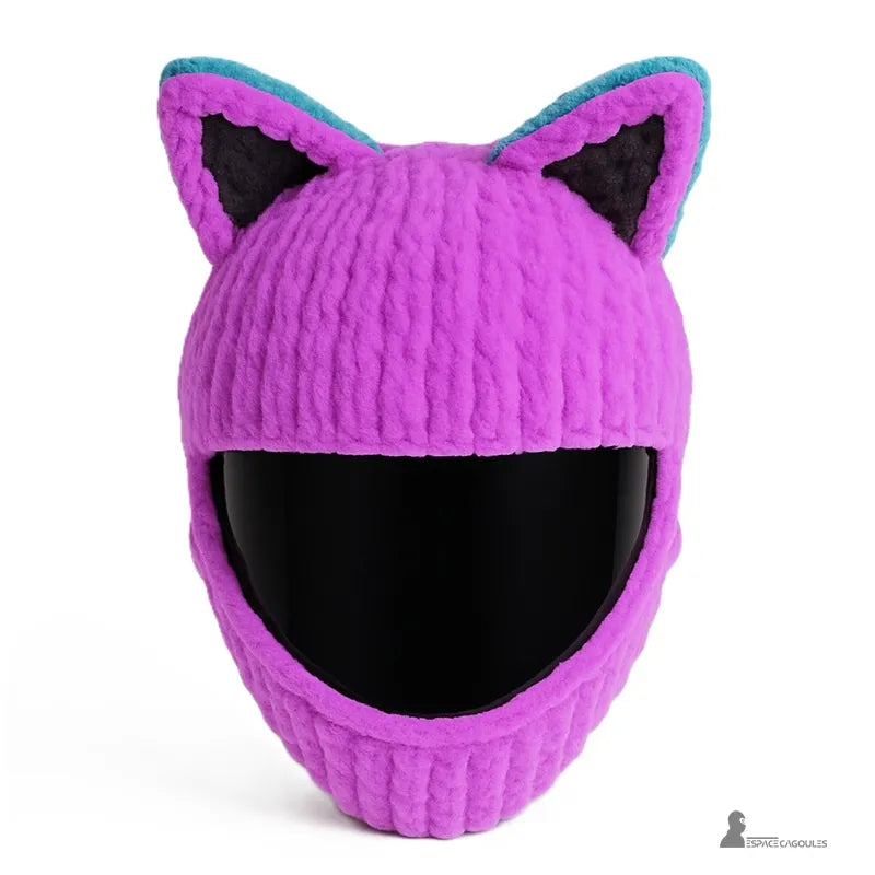 Housse cagoule pour casque Moto violette à oreilles de chat, texture douce et finition polaire, présentée sur fond blanc, Espace Cagoules