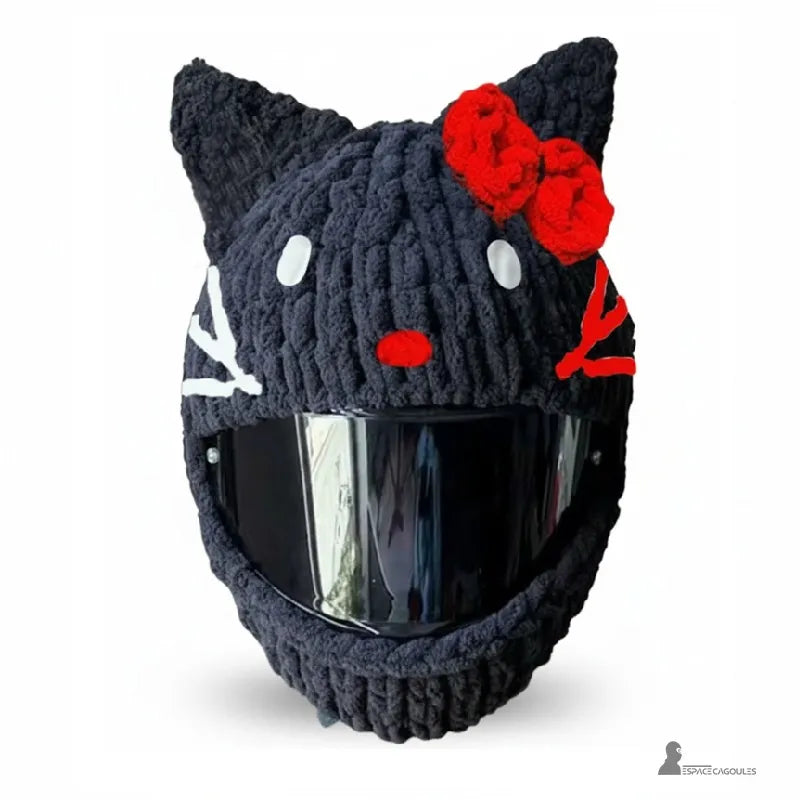 Housse cagoule pour casque Moto chat noire avec nĆud rouge et motifs blancs, inspirĂ©e du personnage fĂ©lin, Espace Cagoules