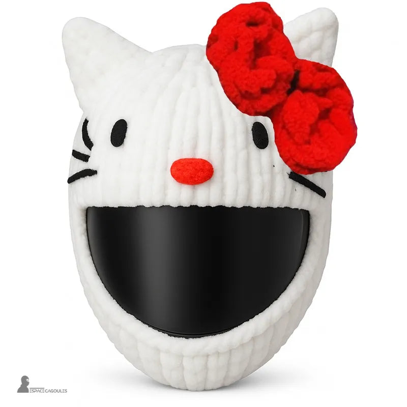 Housse cagoule pour casque Moto chat blanche avec nĆud rouge et dĂ©tails noirs, design ludique sur fond clair, Espace Cagoules