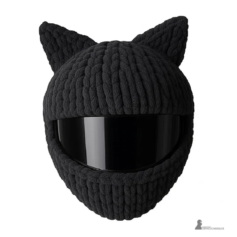 Housse cagoule pour casque Moto noire à oreilles de chat, finition laine épaisse et visiÚre noire brillante, Espace Cagoules