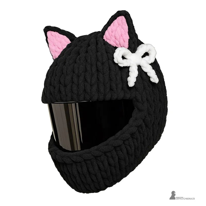 Housse cagoule pour casque Moto noire avec oreilles roses et nĆud blanc dĂ©coratif, fond blanc, Espace Cagoules