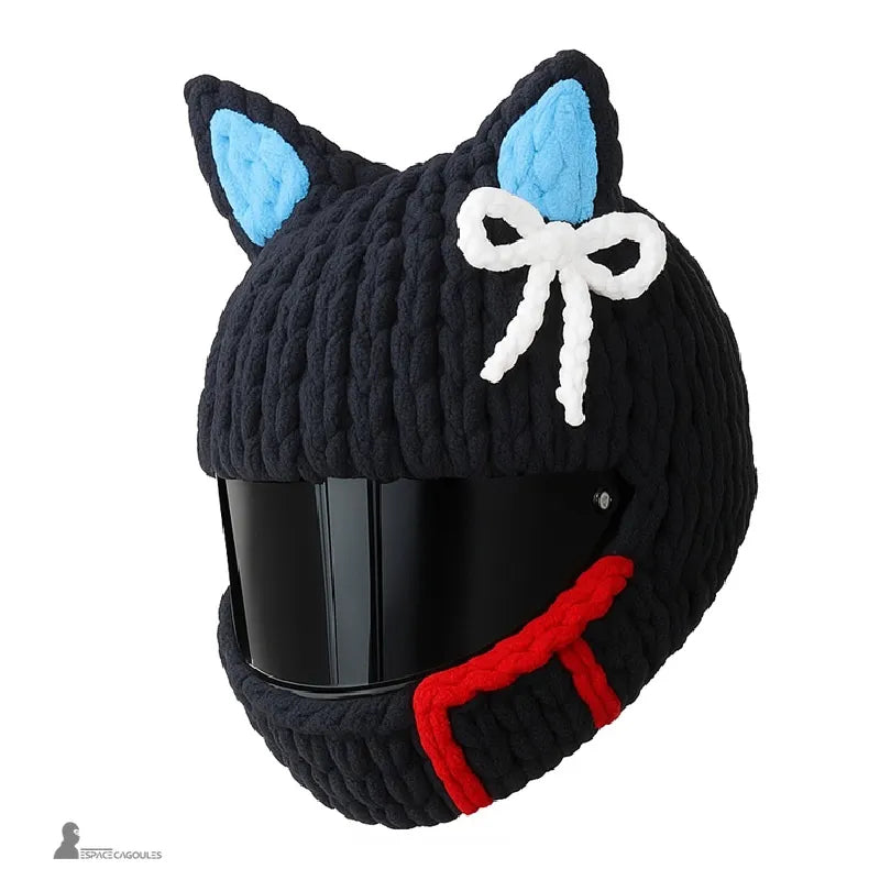 Housse cagoule pour casque Moto noire avec oreilles bleues et nĆud blanc, motif rouge latĂ©ral, fond blanc, Espace Cagoules