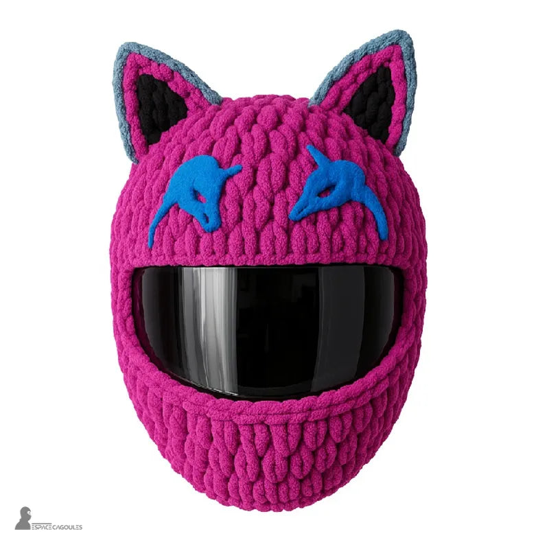 Housse cagoule pour casque Moto rose fuchsia à oreilles de chat et motifs bleus décoratifs, texture épaisse, fond blanc, Espace Cagoules