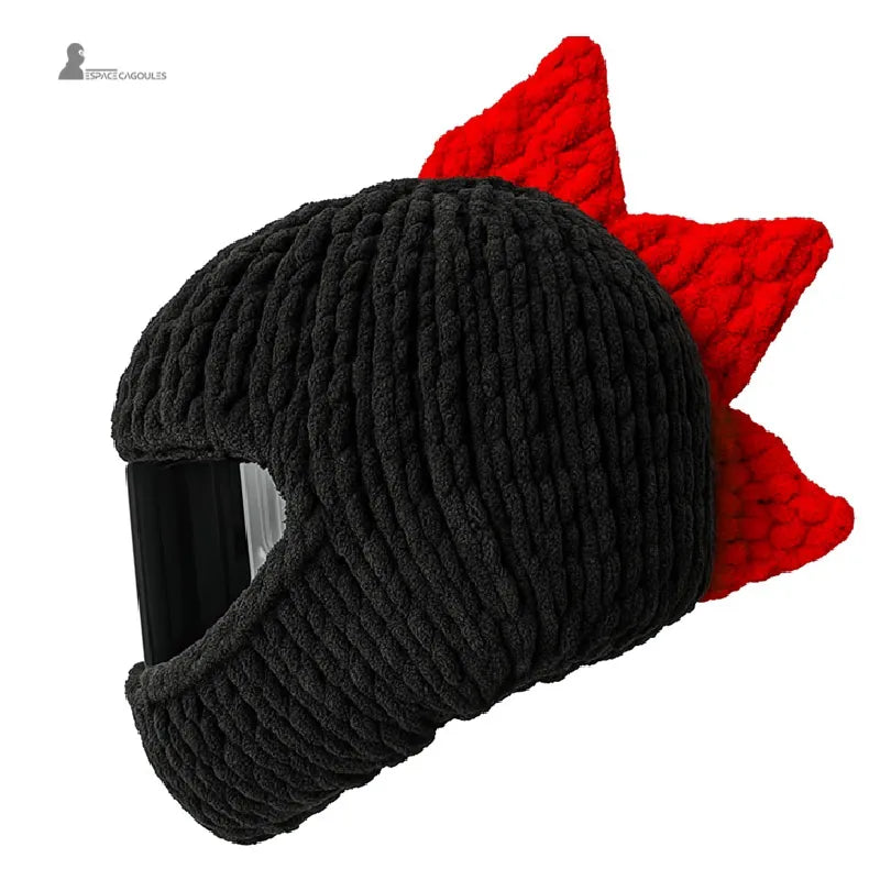 Housse cagoule pour casque Moto noire avec crĂȘte rouge en tissu tricotĂ©, vue latĂ©rale, Espace Cagoules
