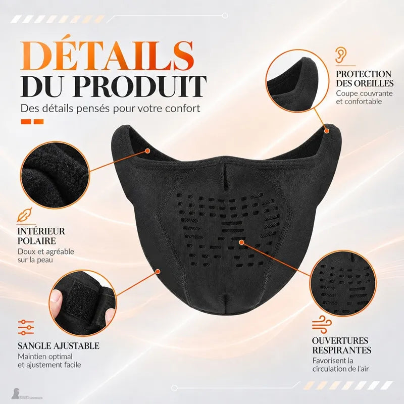 Vue détaillée du masque AirShield : intérieur polaire, sangle velcro ajustable, ouvertures respirantes et protection oreilles - Espace Cagoules