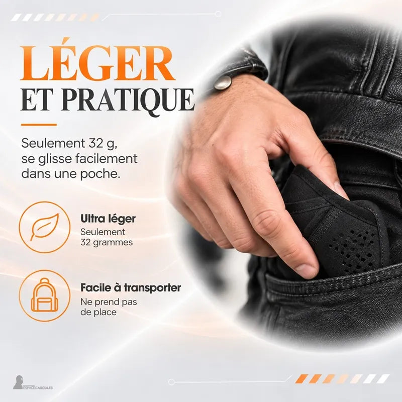 Masque moto AirShield glissé dans une poche de blouson, format léger de 32 grammes facile à transporter - Espace Cagoules