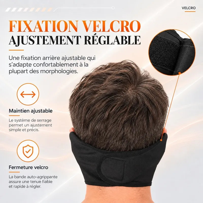 Fixation velcro arrière ajustable du masque AirShield, portée de dos pour montrer le réglage de taille - Espace Cagoules