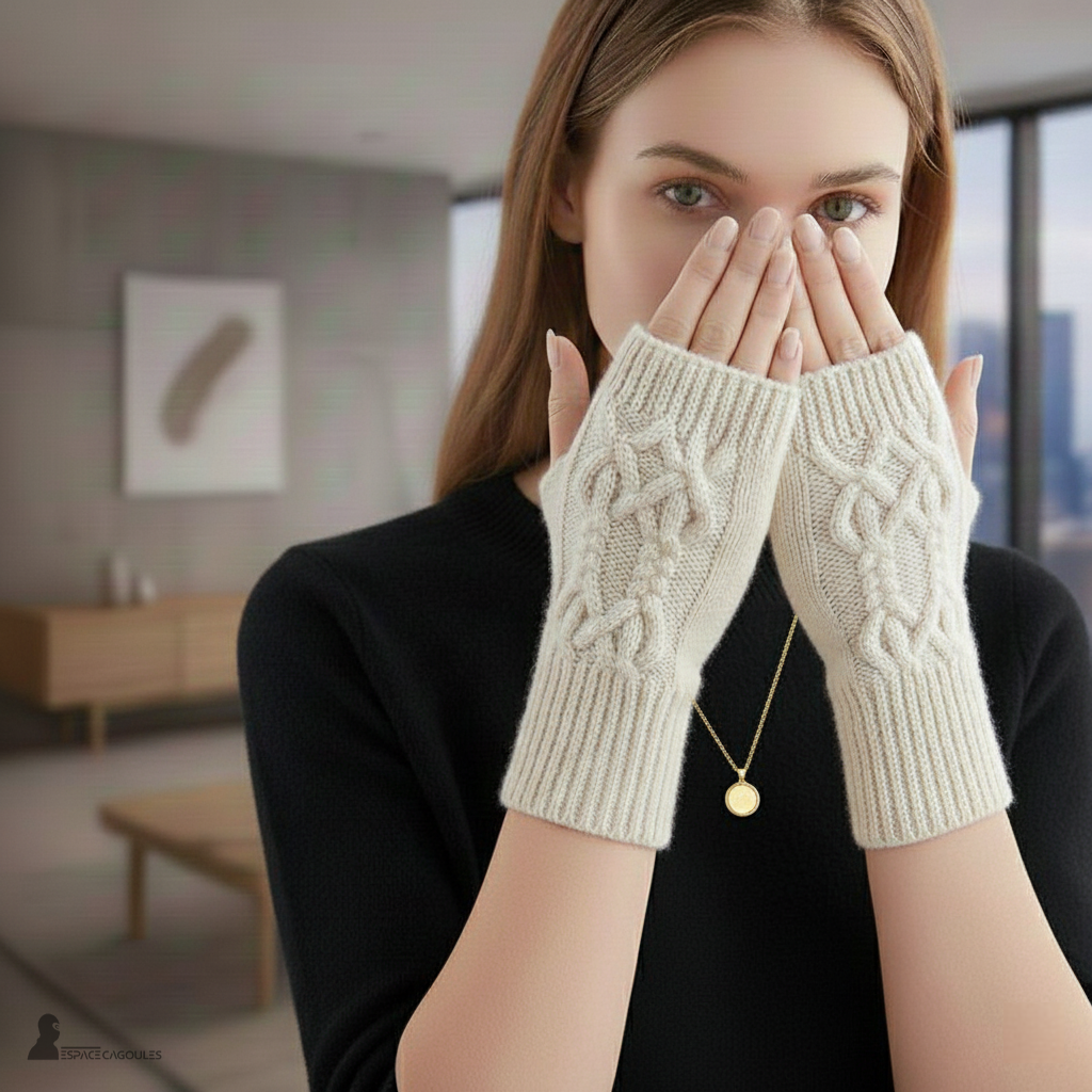 Damenhandschuhe Strick – Frau posiert in einem modernen Innenraum, zeigt cremefarbene, gedrehte Strickhandschuhe, nah am Gesicht aufgenommen, sanftes Licht – Raum Kapuzen.