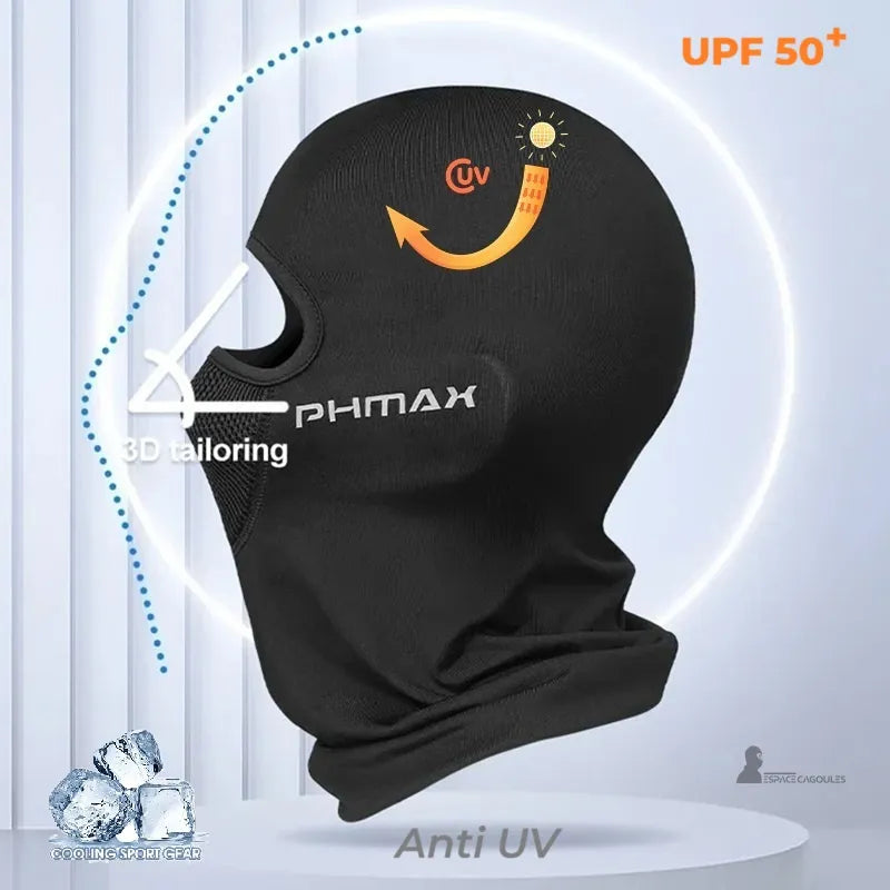 Moto cagoule noire anti UV UPF 50+ avec coupe 3D et protection solaire