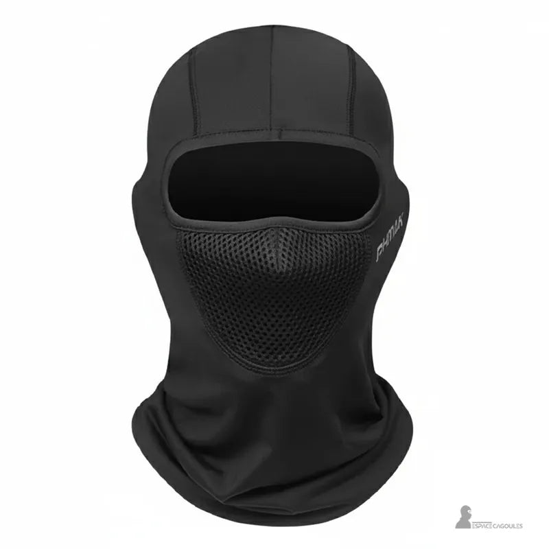 Moto cagoule noire vue de face avec ouverture unique pour les yeux