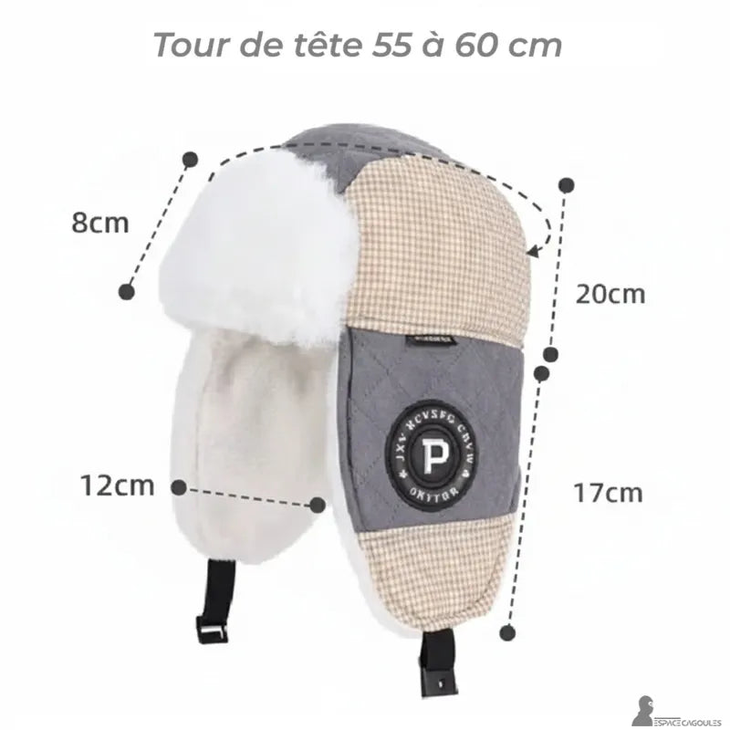 Ouchanka femme présentée à plat avec schéma des dimensions, chapka en polaire indiquant la forme, les mesures et le tour de tête adapté - Espace Cagoules