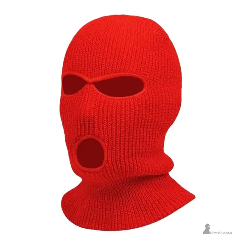 Passe Montagne Cagoule rouge en tricot épais avec trois ouvertures, couvrant entièrement la tête et le cou pour une protection hivernale efficace.