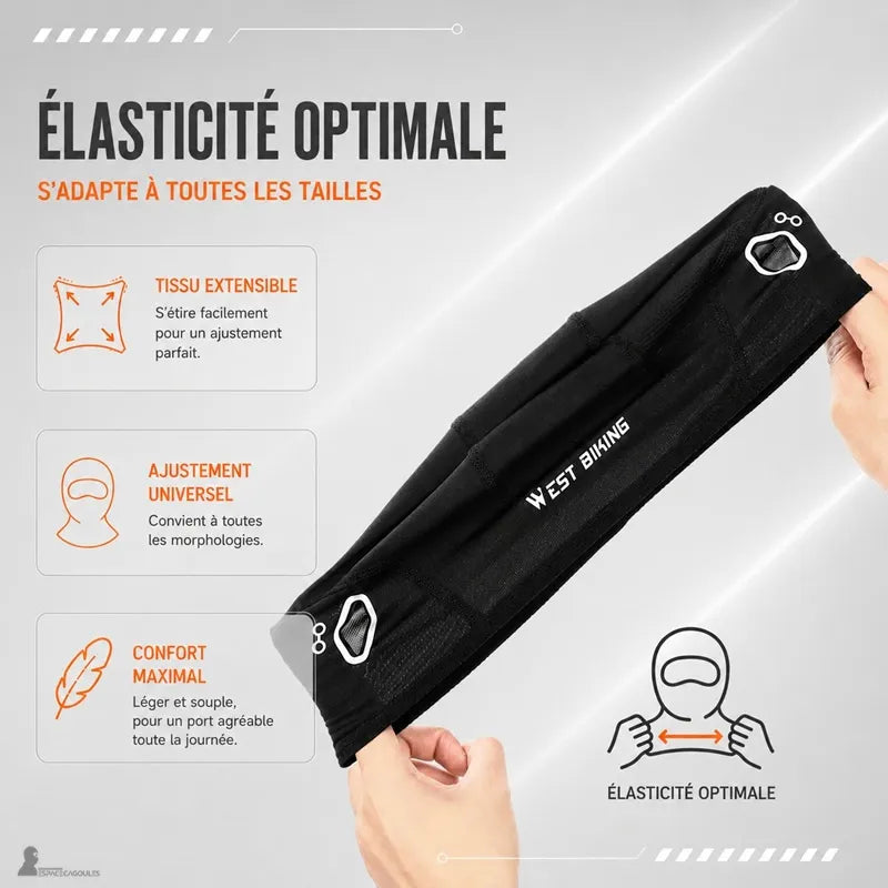 Tissu extensible du sous casque moto été étiré entre deux mains pour montrer son élasticité universelle - Espace Cagoules