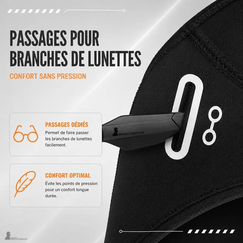 Gros plan sur le passage pour branche de lunettes du sous casque moto été pour un confort sans pression - Espace Cagoules