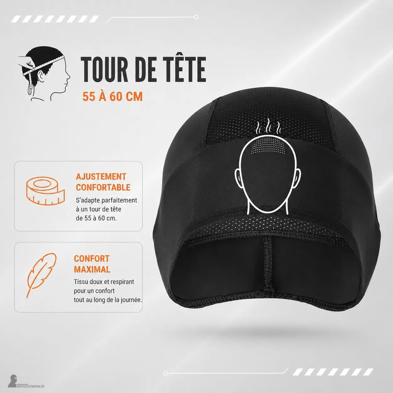Schéma du tour de tête de 55 à 60 cm du sous casque moto été pour un ajustement confortable - Espace Cagoules