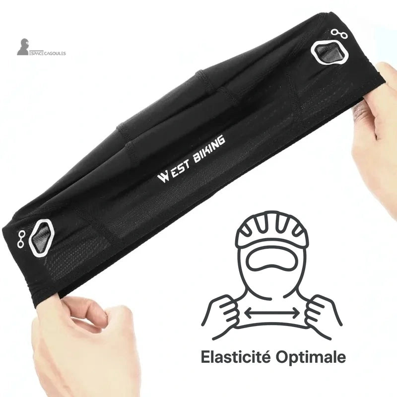 Sous Casque vélo été noir West Biking étiré à la main, démonstration de son élasticité optimale et confort sous casque