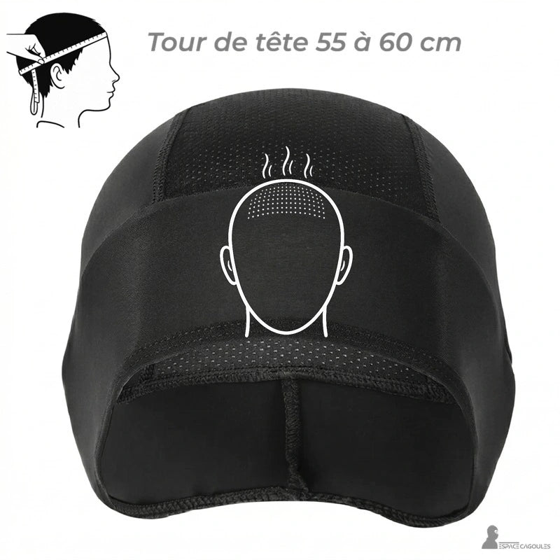 Sous Casque vélo été noir vu de dos avec indication taille pour tour de tête 55 à 60 cm