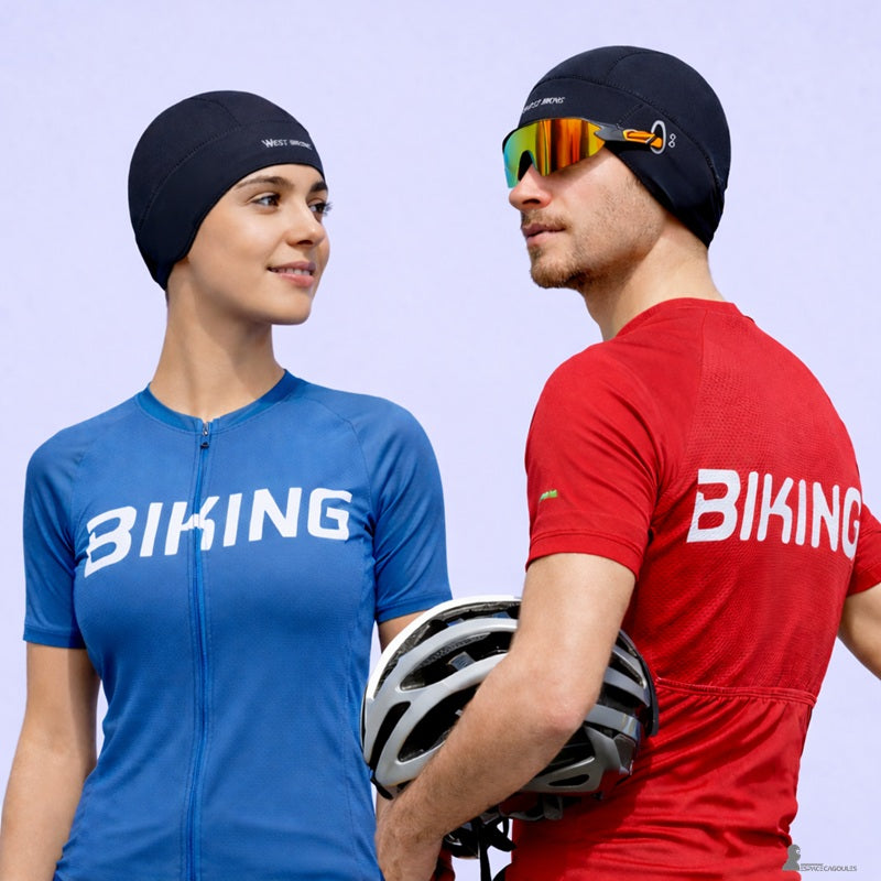 Sous casque vélo été noir porté par une femme et un homme, vue de profil avec tissu mesh couvrant les oreilles – Espace Cagoules