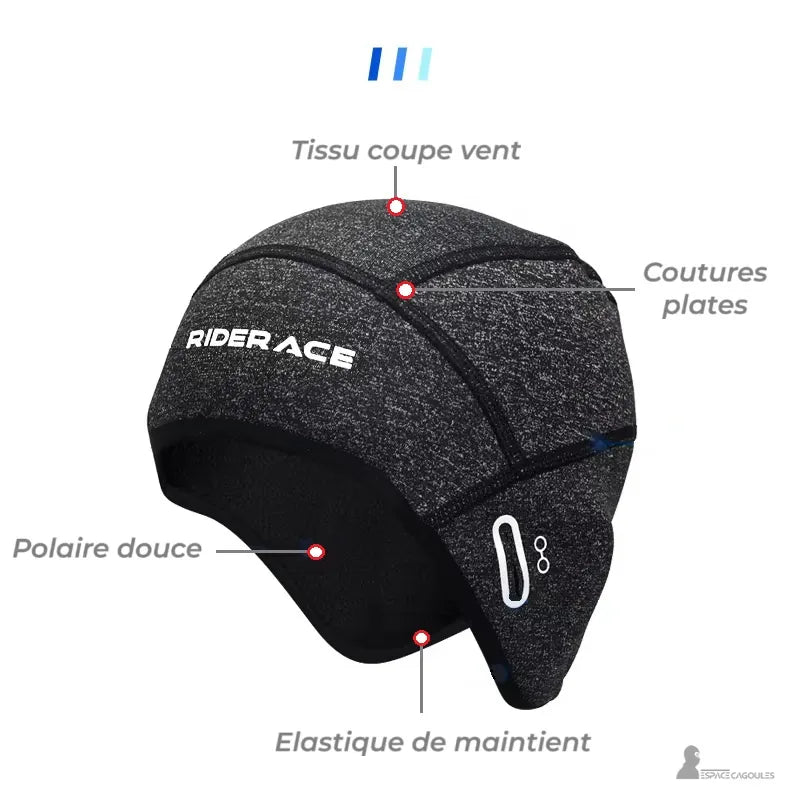 Sous casque vélo route avec détails du tissu coupe-vent, polaire intérieure douce, coutures plates et élastique de maintien, idéal pour sorties à vélo hivernales