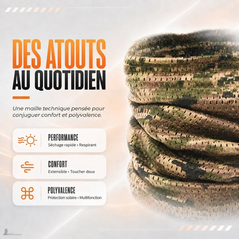 Tour de cou camouflage enroulé montrant la maille technique à séchage rapide, respirante et extensible - Espace Cagoules