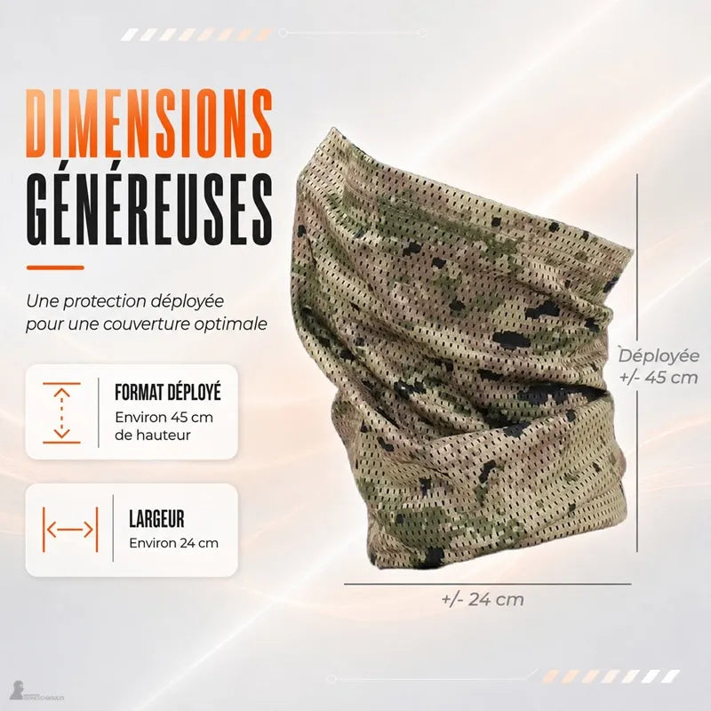 Tour de cou camouflage multicam déployé indiquant environ 45 cm de hauteur et 24 cm de largeur - Espace Cagoules