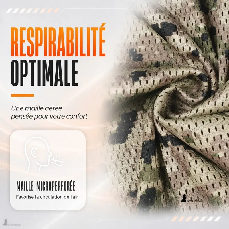 Gros plan sur la maille microperforée du tour de cou camouflage favorisant la circulation de l'air - Espace Cagoules