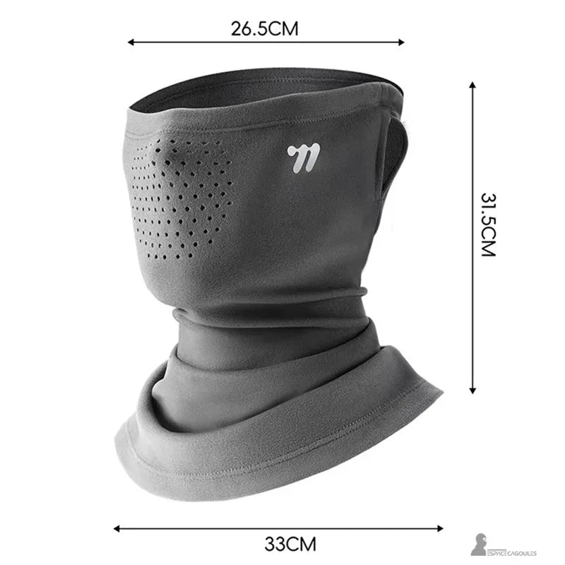 Schéma des dimensions du tour de cou moto : 26,5 cm de large, 31,5 cm de haut, col de 33 cm - Espace Cagoules