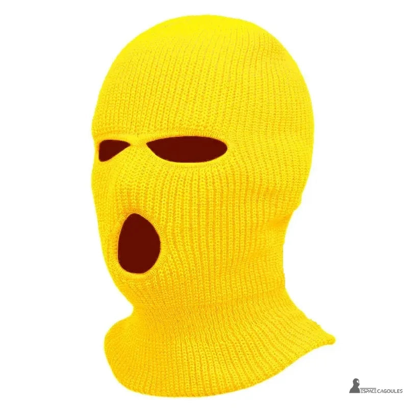 Bright yellow open-mouth mesh hood, studio product photography, thermal protection and increased visibility in winter