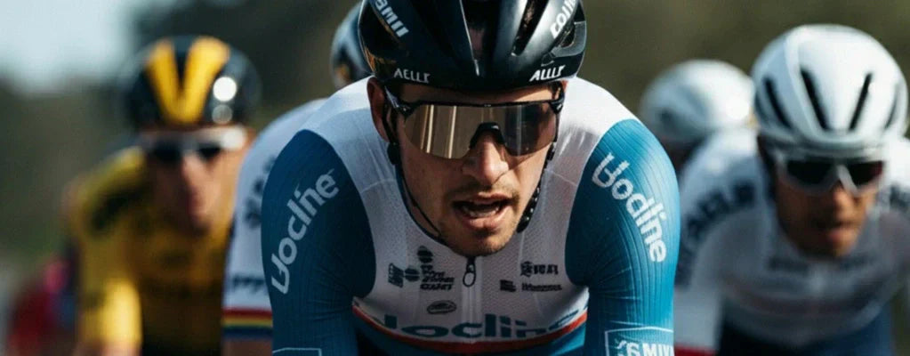 Cycliste professionnel en pleine course, concentré sur l'effort, illustrant l'importance du rapport poids-puissance et de la performance en montée – Espace Cagoules