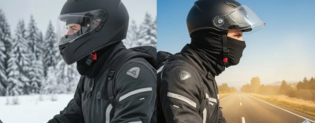Comparatif visuel cagoule moto hiver et cagoule moto été côte à côte – Espace Cagoules