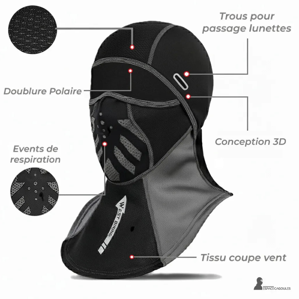 Cagoule pour le ski noire avec doublure polaire, trous pour lunettes, tissu coupe-vent et évents de respiration pour le confort en montagne.
