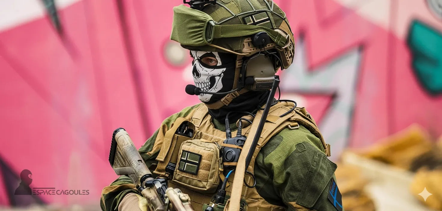 Cagoule Tête de Mort militaire en tissu respirant portée sous casque tactique vert, équipement airsoft complet sur fond rose graffiti