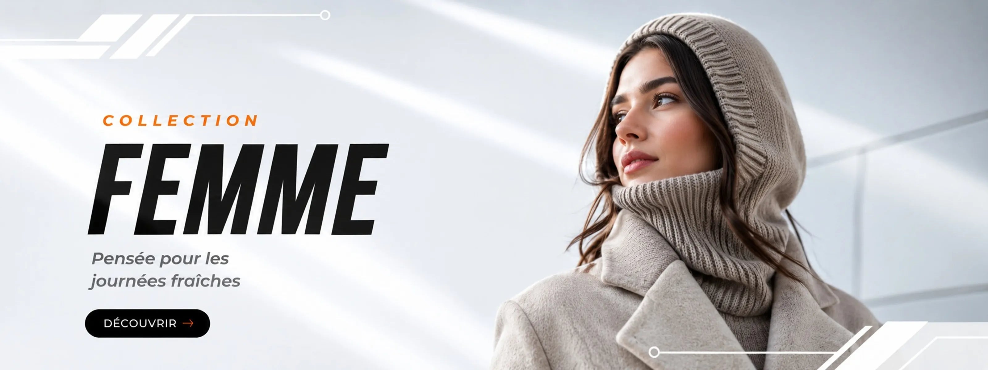 Bannière de la collection femme avec une femme portant une cagoule tricotée beige sous un manteau d'hiver - Espace Cagoules