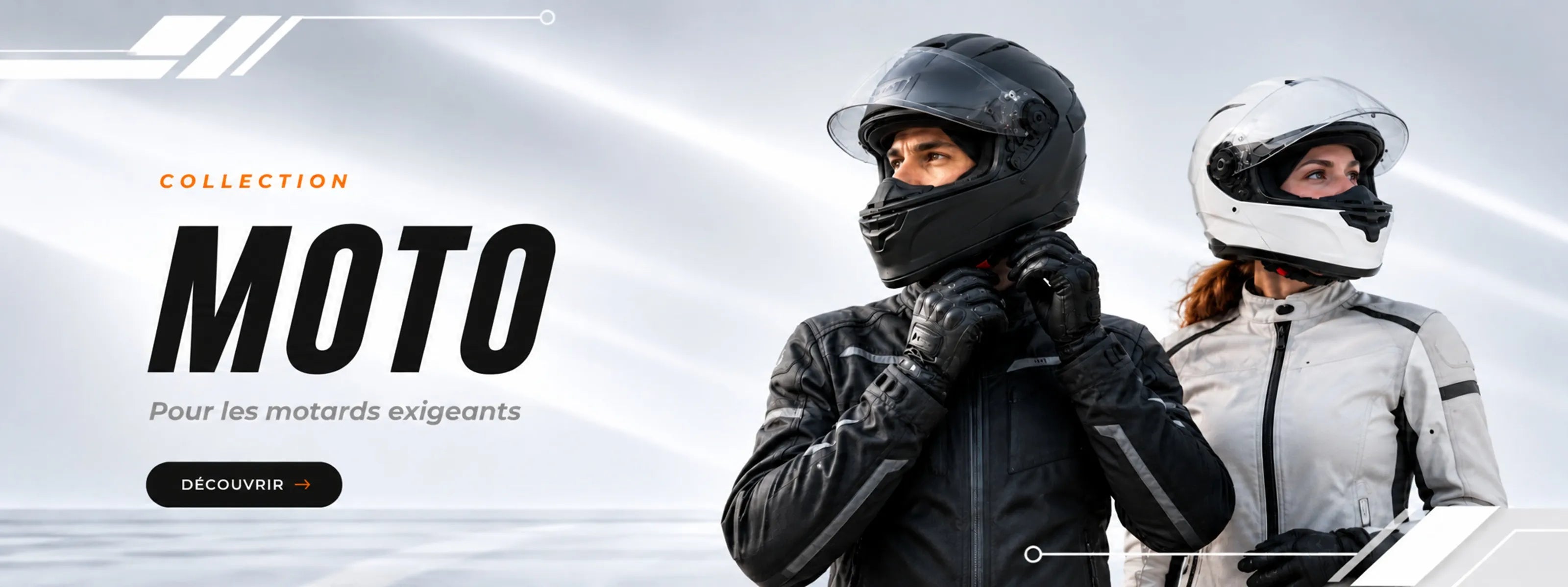 Bannière de la collection moto avec un motard et une motarde ajustant leur casque intégral noir et blanc - Espace Cagoules