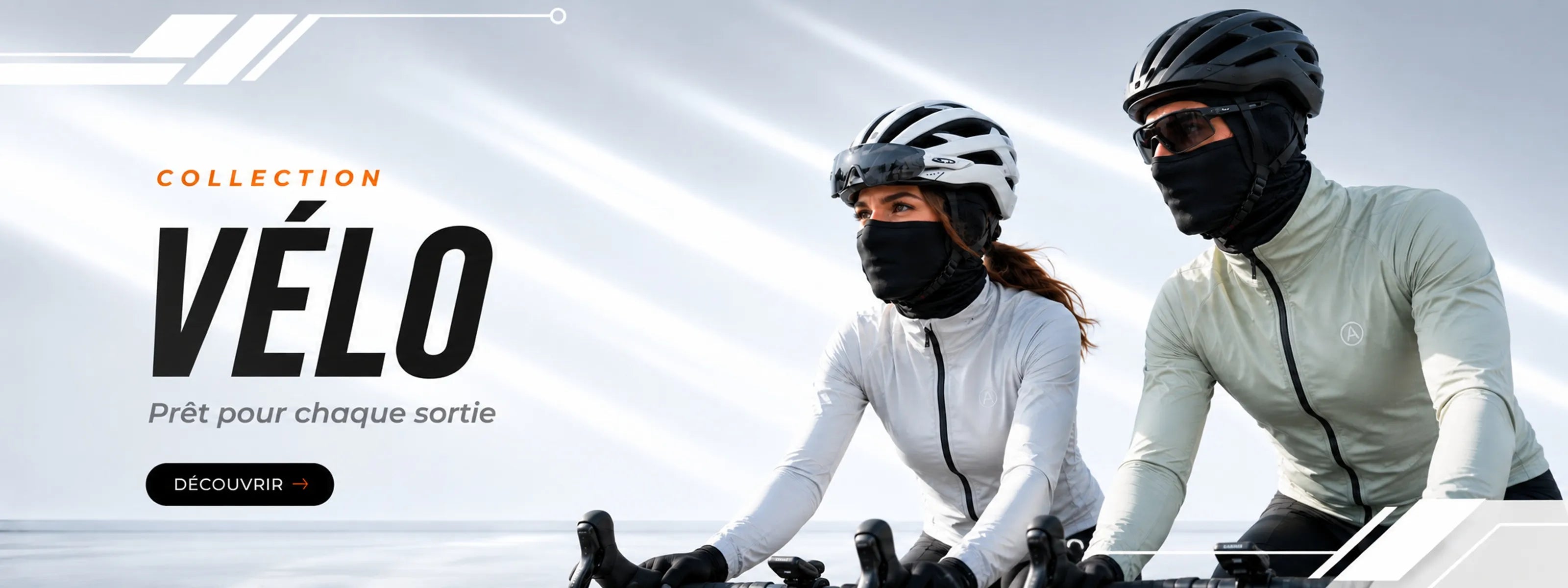 Bannière de la collection vélo avec deux cyclistes portant casque et cagoule noire sur leur vélo de route - Espace Cagoules