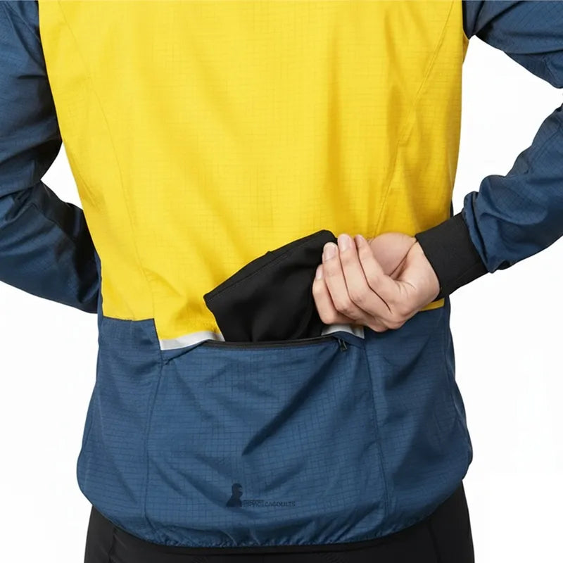 Bob unter schwarzem Helm, versteckt in der Gesäßtasche einer gelb-blauen Fahrradjacke, die ihre Kompaktheit zeigt, Espace Cagoules