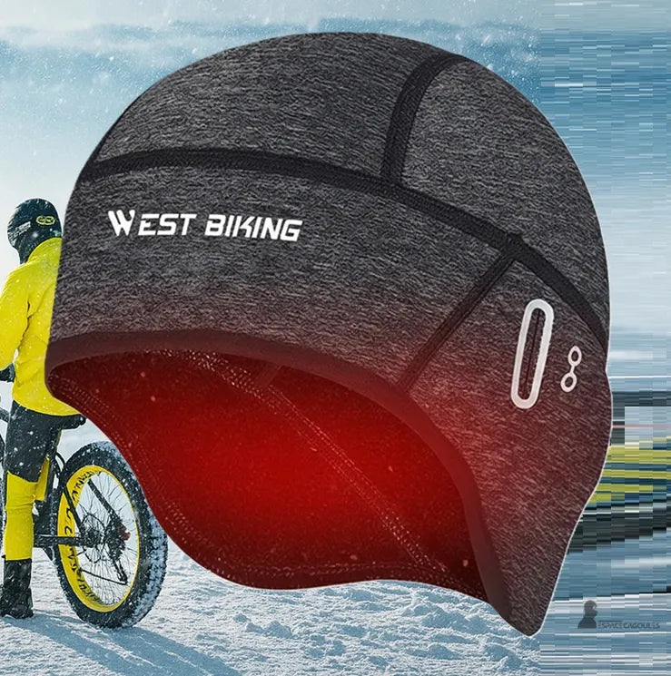 Bob sous casque gris chauffant mis en scène dans un environnement neigeux avec cycliste vêtu de jaune, Espace Cagoules