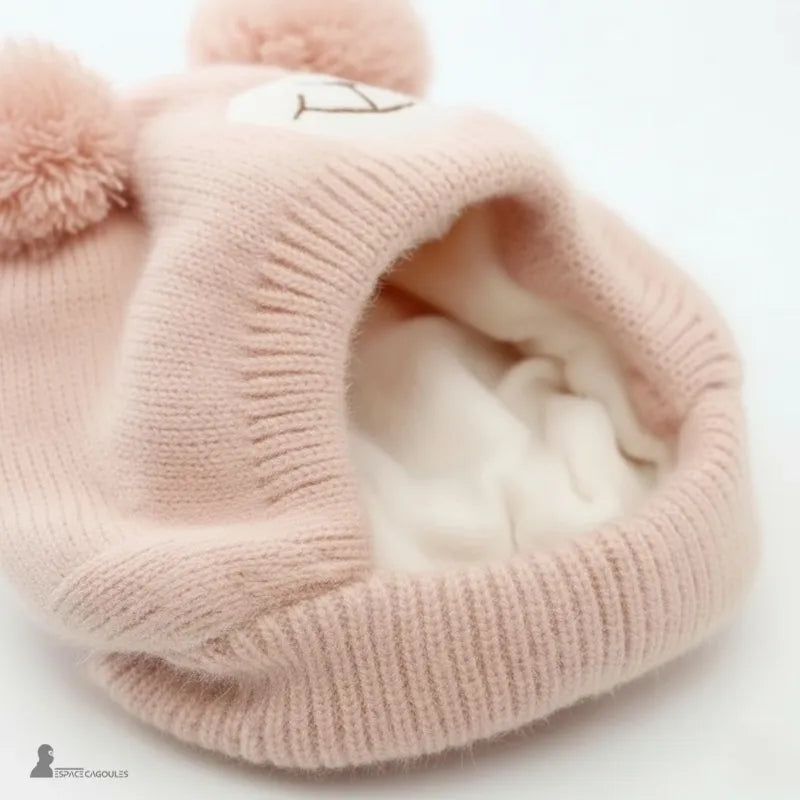 Bonnet Cagoule bébé rose pâle avec intérieur polaire douce visible, matière chaude et cocooning pour hiver, Espace Cagoules