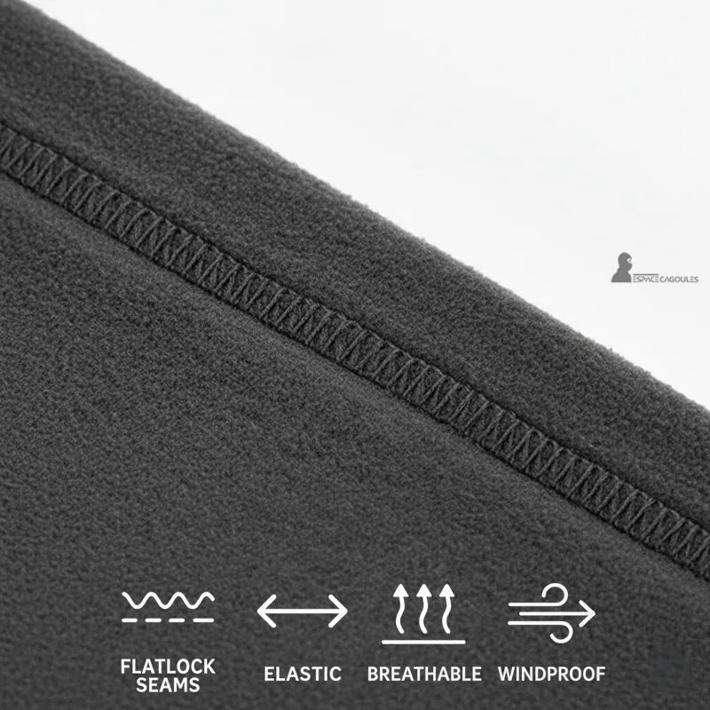 Bonnet cagoule gray avec coutures plates flatlock, tissu respirant, élastique et coupe-vent vu en gros plan Espace Cagoules