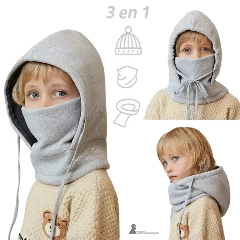Bonnet cagoule enfant gris 3 en 1 illustrant ses fonctions bonnet, cache-cou et tour de cou sur fond blanc - Espace Cagoules