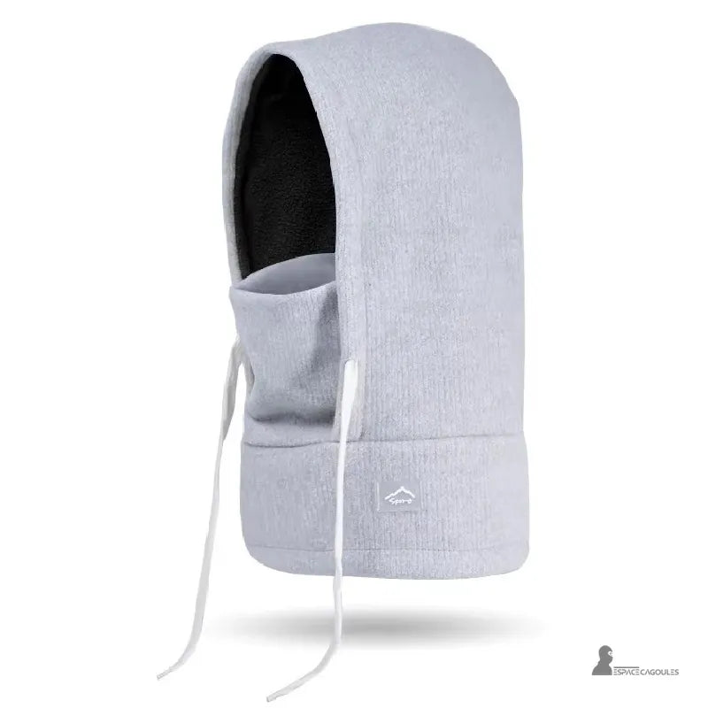 Bonnet cagoule enfant gris clair en polaire douce et chaude avec cordons blancs ajustables sur fond neutre - Espace Cagoules