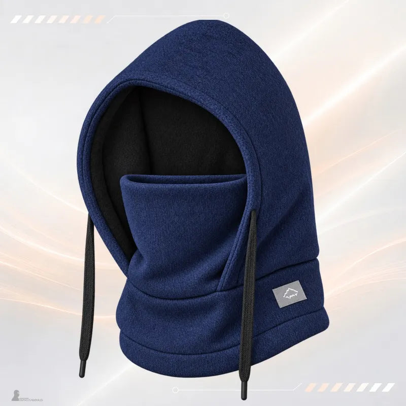 Bonnet cagoule enfant bleu marine avec doublure polaire noire et cordons de serrage noirs - Espace Cagoules