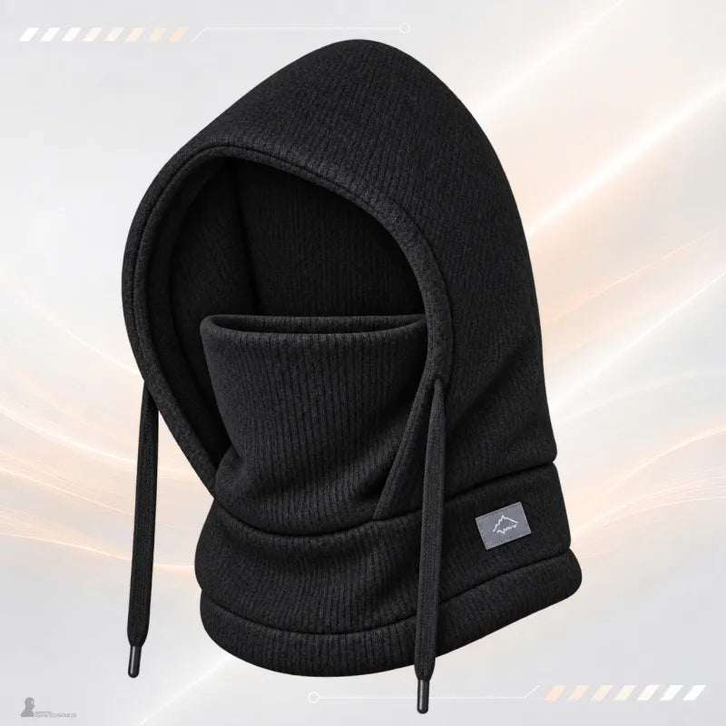 Bonnet cagoule enfant noir en maille côtelée avec masque intégré et étiquette montagne au col - Espace Cagoules